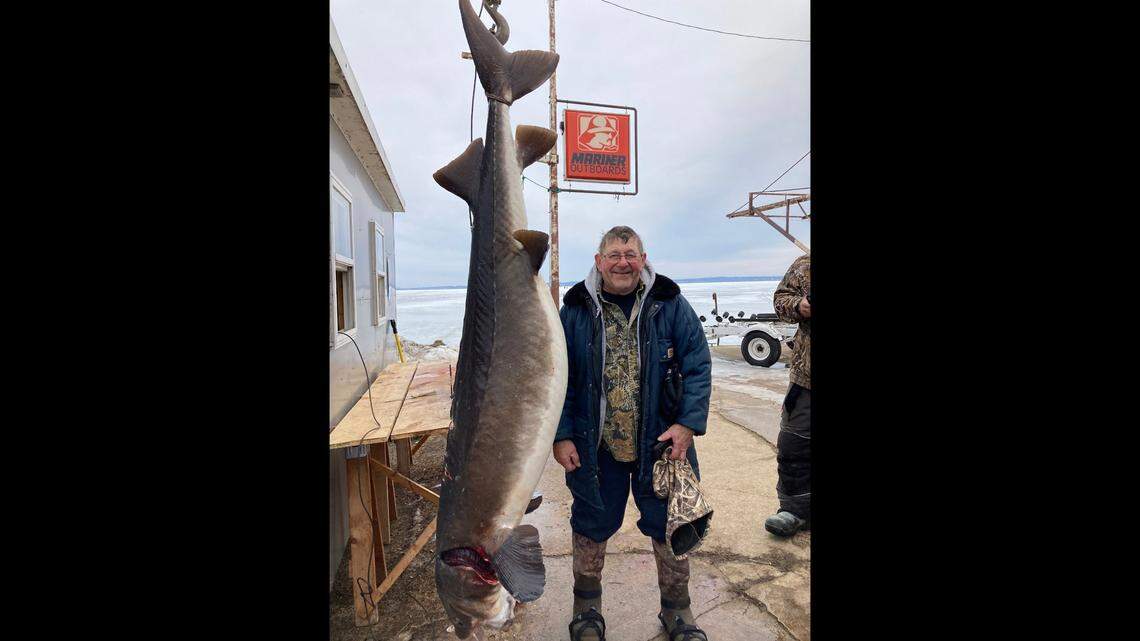 James Gishkowsky caught an 177-pound female sturgeon with a spear, pulling the huge fish through the ice of Lake Winnebago, officials said.