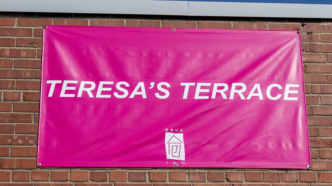 A banner for Teresa's Terrace hangs on a building on Thursday, Sept. 11, 2025, in Kansas City. The shelter, formerly known as Pride Haven, recently underwent renovations and rebranding.