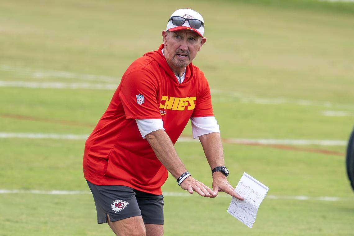 Kansas City Chiefs defensive coordinator Steve Spagnuolo goes through drills during training camp at Missouri Western State University on Wednesday, Aug. 6, 2025, in St. Joseph.