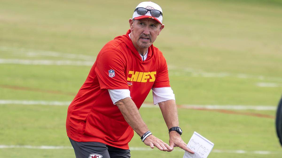 Kansas City Chiefs defensive coordinator Steve Spagnuolo goes through drills during training camp at Missouri Western State University on Wednesday, Aug. 6, 2025, in St. Joseph.