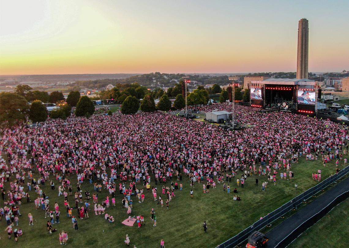 Fans pack the grounds of the National World War I Museum and Memorial to see Chappell Roan perform on Friday, October. 3, 2025, in Kansas City.