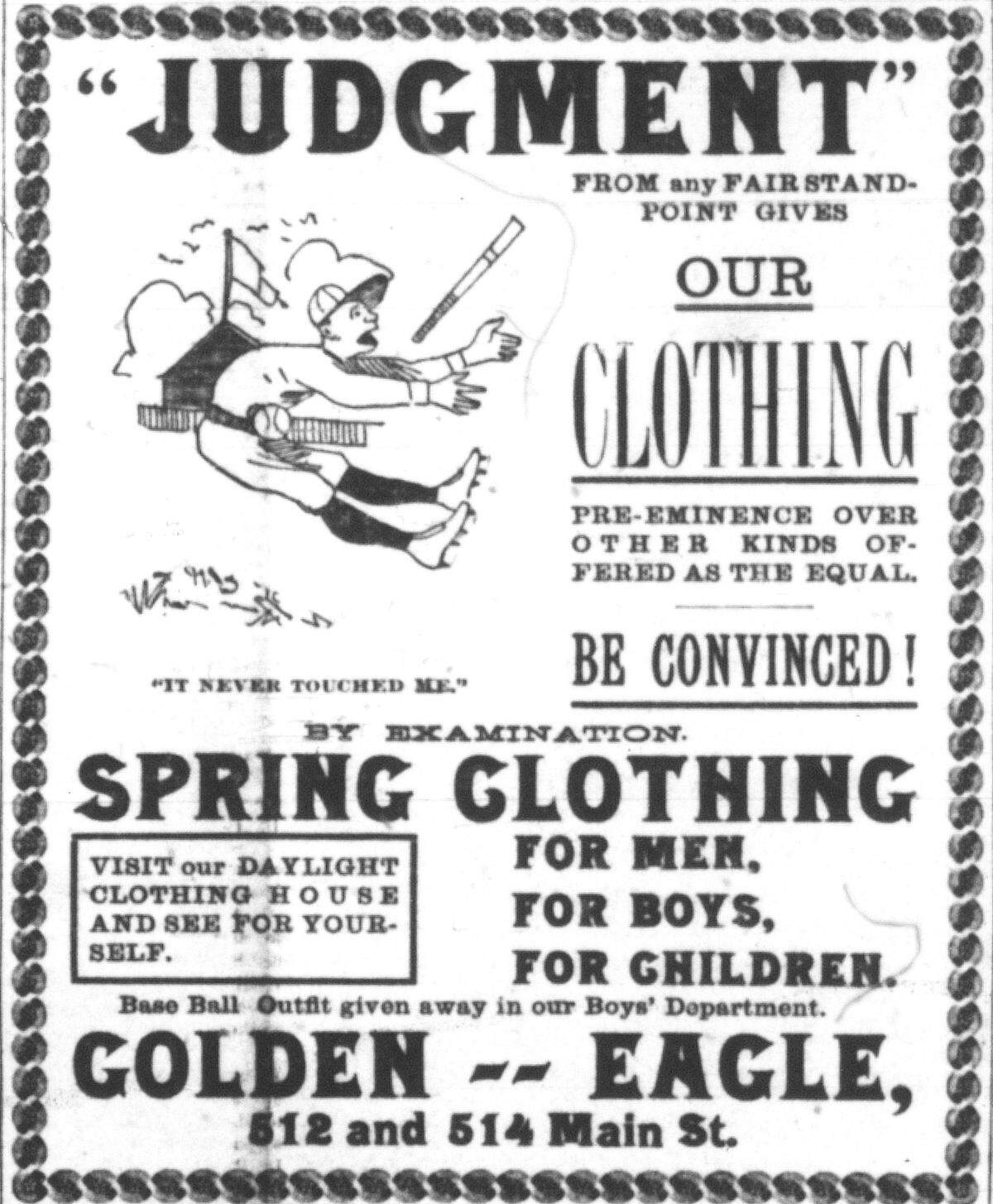Kansas City Times advertisement, March 27, 1889. The Golden Eagle Clothing House was an early supporter of local baseball, sponsoring an amateur team that was dominant for many years in city leagues.​
