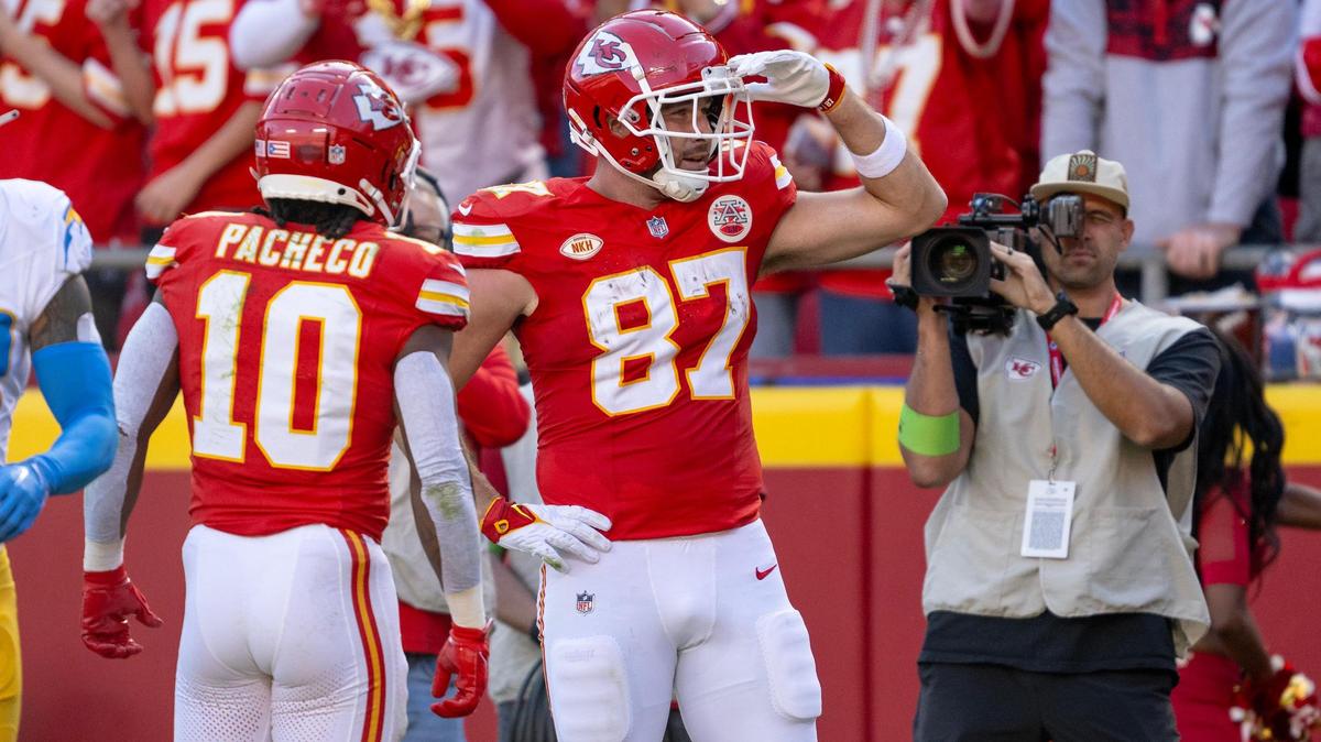 Kansas City Chiefs tight end Travis Kelce (87) celebrates a reception during an NFL football game against the Los Angeles Chargers at GEHA Field at Arrowhead Stadium on Sunday, Oct. 22, 2023, in Kansas City.