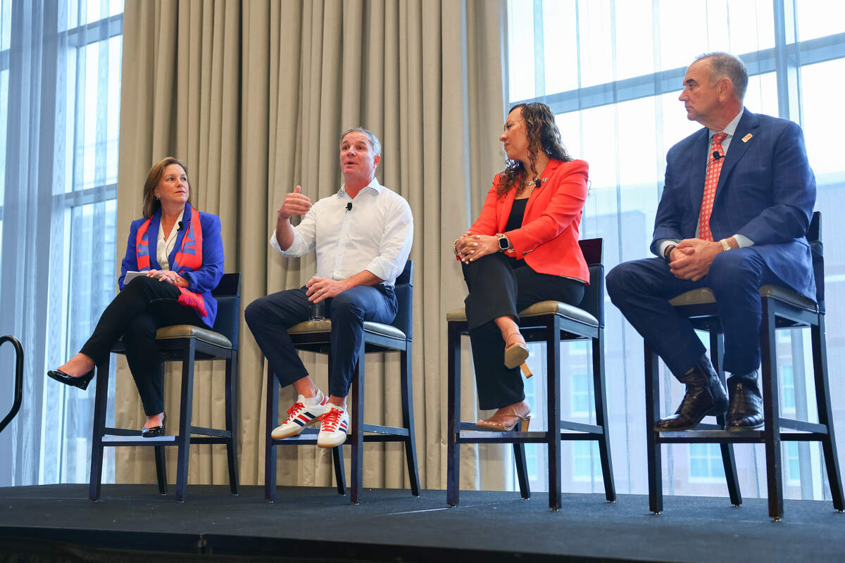 A panel hosted by Kathy Nelson (left), president and CEO of Visit KC, including Geoff Freeman, president and CEO of U.S. Travel Association, Luisa Mendoza, founder and CEO of Global Tourism Sports & Entertainment, and Missouri Gov. Mike Kehoe on June 16, 2026.