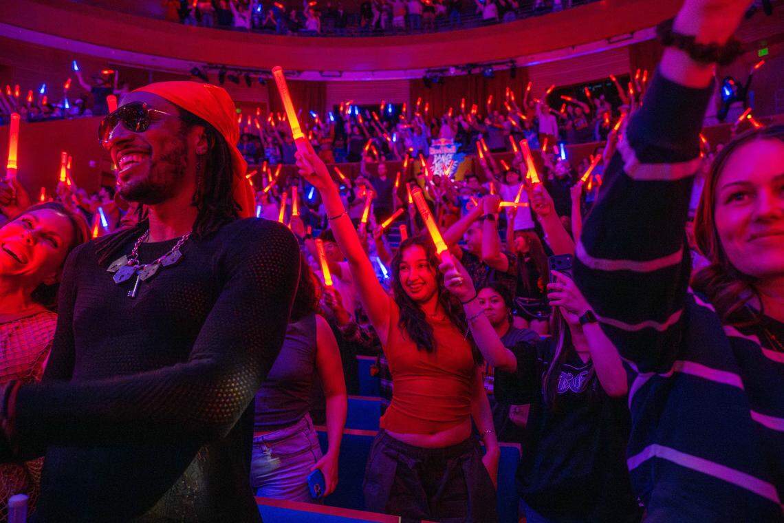 The crowd moves during a dance break at the Red Bull Dance Your Style Midwest Regional Qualifier, on Saturday, April 25, 2026, at the Kauffman Center for the Performing Arts. Dancers are judged by the crowd on musicality, technical skills, and creativity.