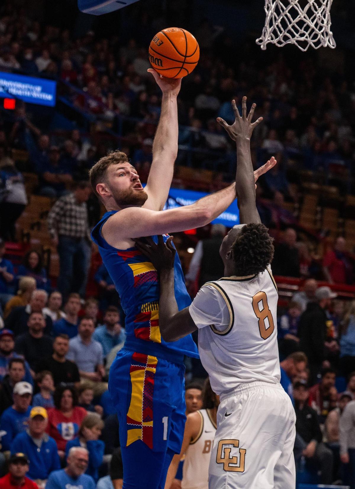 Kansas Jayhawks center Hunter Dickinson shoots a hook shot in the second half of the game vs. the Colorado Buffaloes on Tuesday, Feb. 11, 2025, at Allen Fieldhouse.