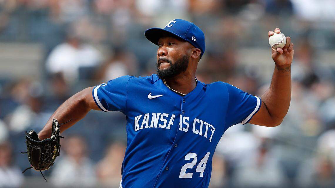 Kansas City Royals relief pitcher Amir Garrett (24) throws against the New York Yankees during the sixth inning of a baseball game Sunday, July 31, 2022, in New York. (AP Photo/Noah K. Murray)