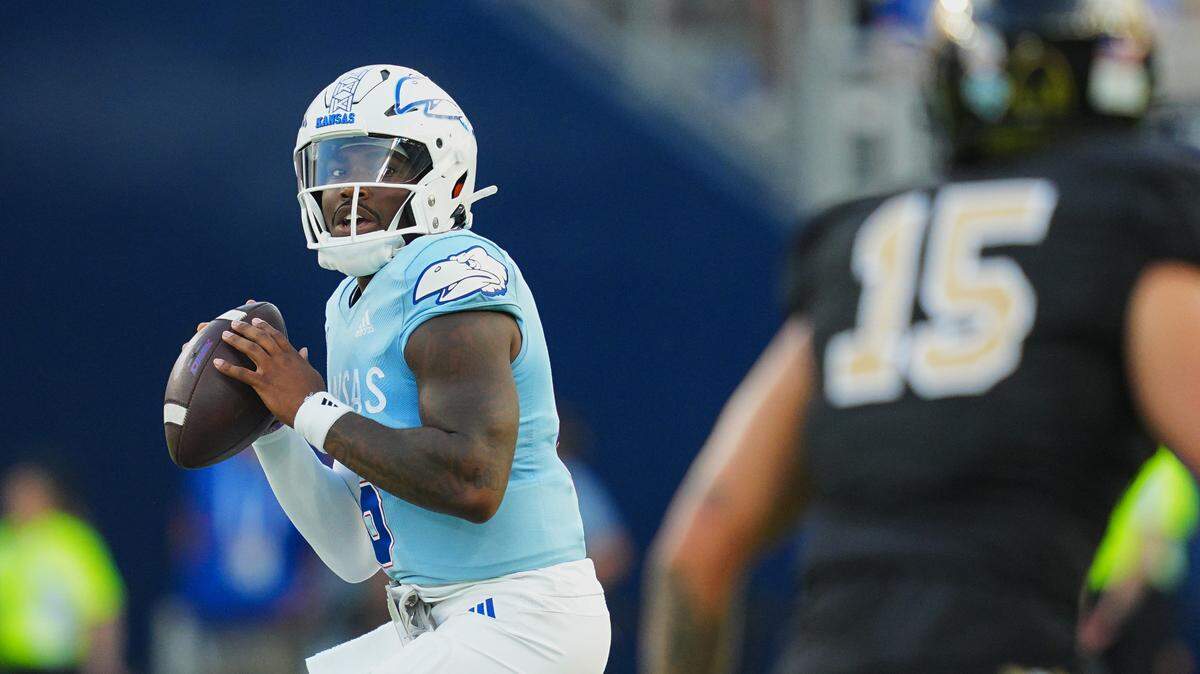 Kansas Jayhawks quarterback Jalon Daniels (6) drops back to pass against the Lindenwood Lions during the first half at Children’s Mercy Park on Aug. 29, 2024.