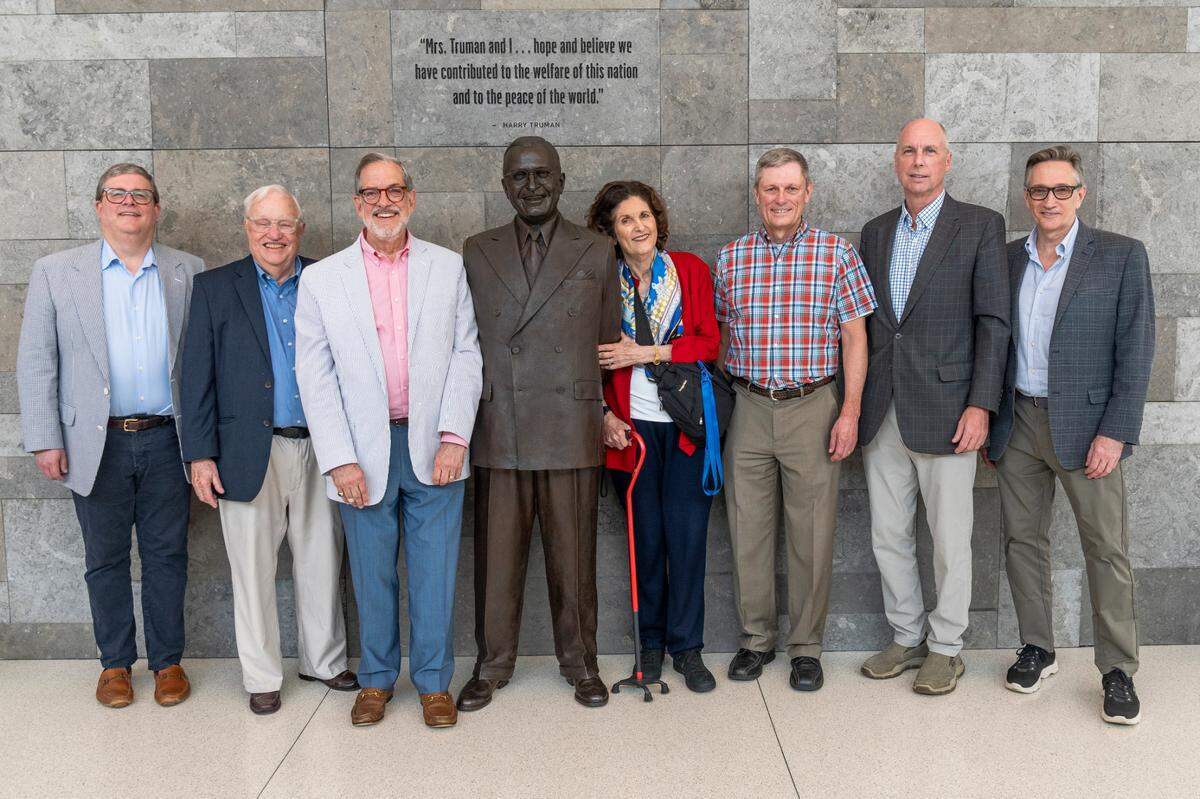 At the Truman Library, from left: Massee McKinley, Tweed Roosevelt, Ulysses Grant Dietz, Lynda Johnson Robb, Birch Taylor (descendant of Rutherford B. Hayes), Richard Gatchell (descendant of James Monroe), Clifton Truman Daniel