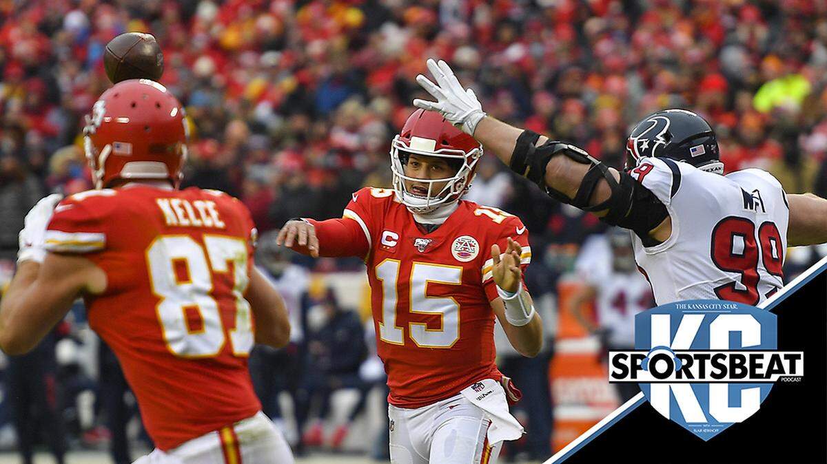 Kansas City Chiefs quarterback Patrick Mahomes gets off a pass to tight end Travis Kelce despite the rush of Houston Texans defensive end J.J. Watt Sunday, January 12, 2020, at Arrowhead Stadium in Kansas City, Missouri.