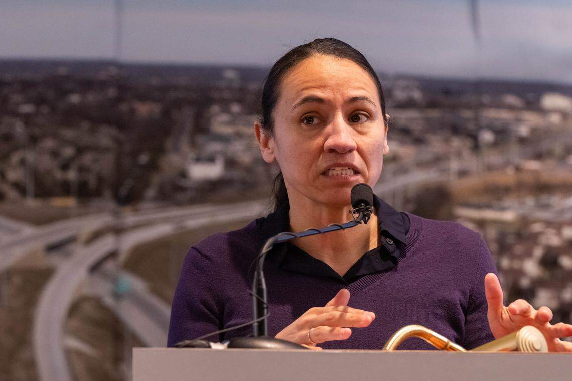 U.S. Rep. Sharice Davids, who represents parts of Johnson County, speaks at the ribbon cutting ceremony for the opening of new US-69 Highway Express Lane, on Tuesday, Feb. 17, 2026, in Overland Park.
