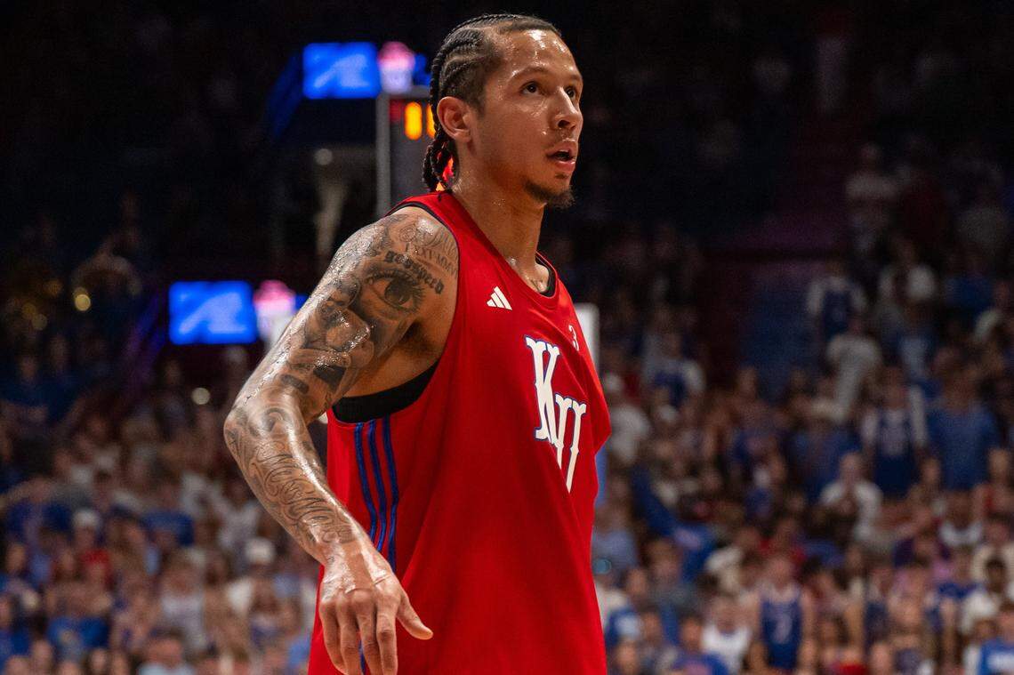 Kansas Jayhawks guard Tre White during the men's scrimmage at Late Night in the Phog, on Friday, October 17, 2025, in Lawrence.