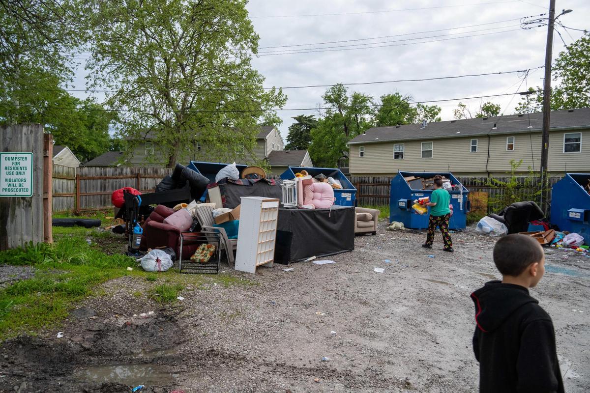 Overflowing dumpers filled with residents belongings were seen throughout the complex at Aspen Place Apartments in Gardner on Wednesday, May 7, 2025. Residents of the apartment complex were forced from their homes after the city condemned the property due to several safety concerns.