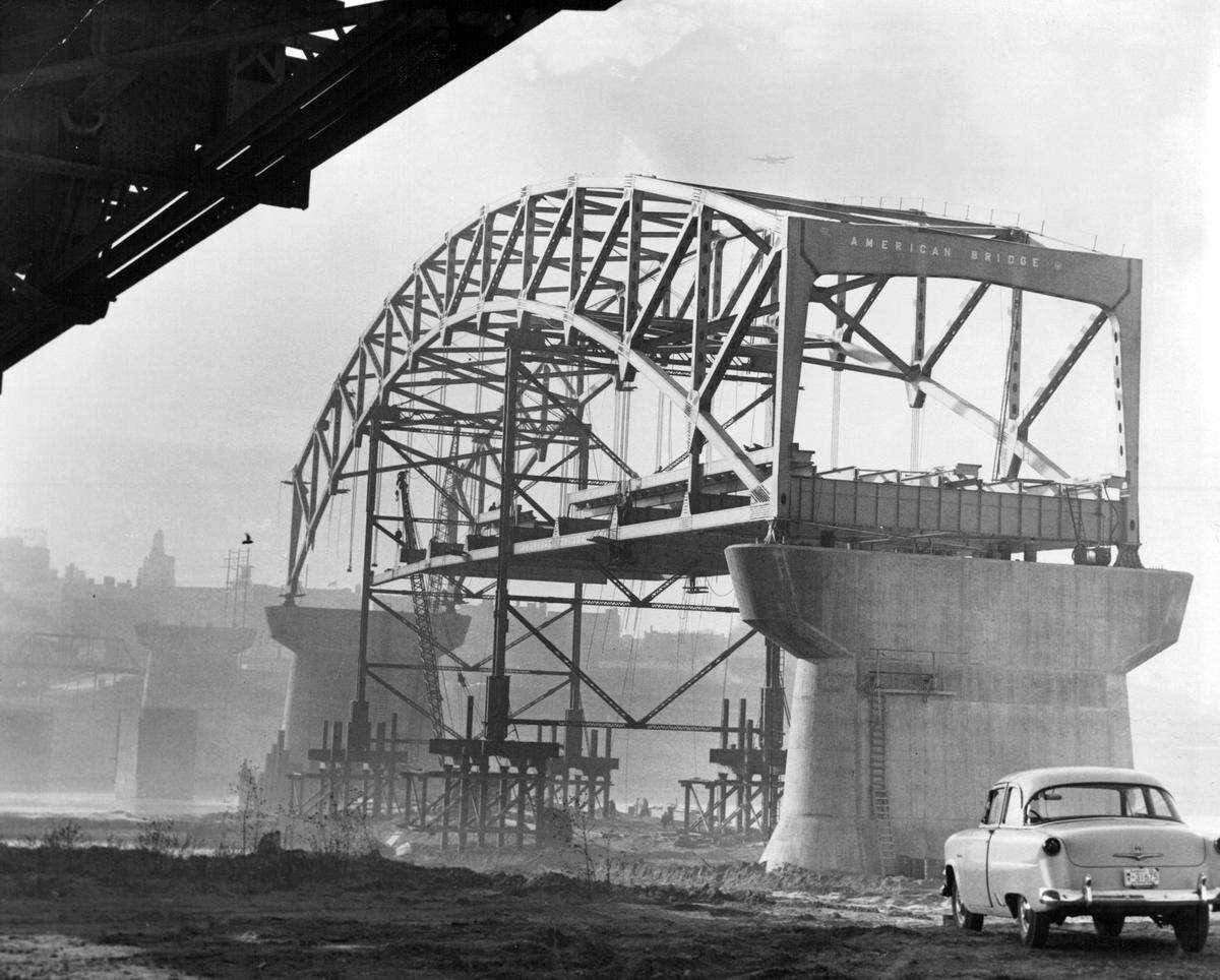 The partially completed first arch on the northern bank of the Missouri River