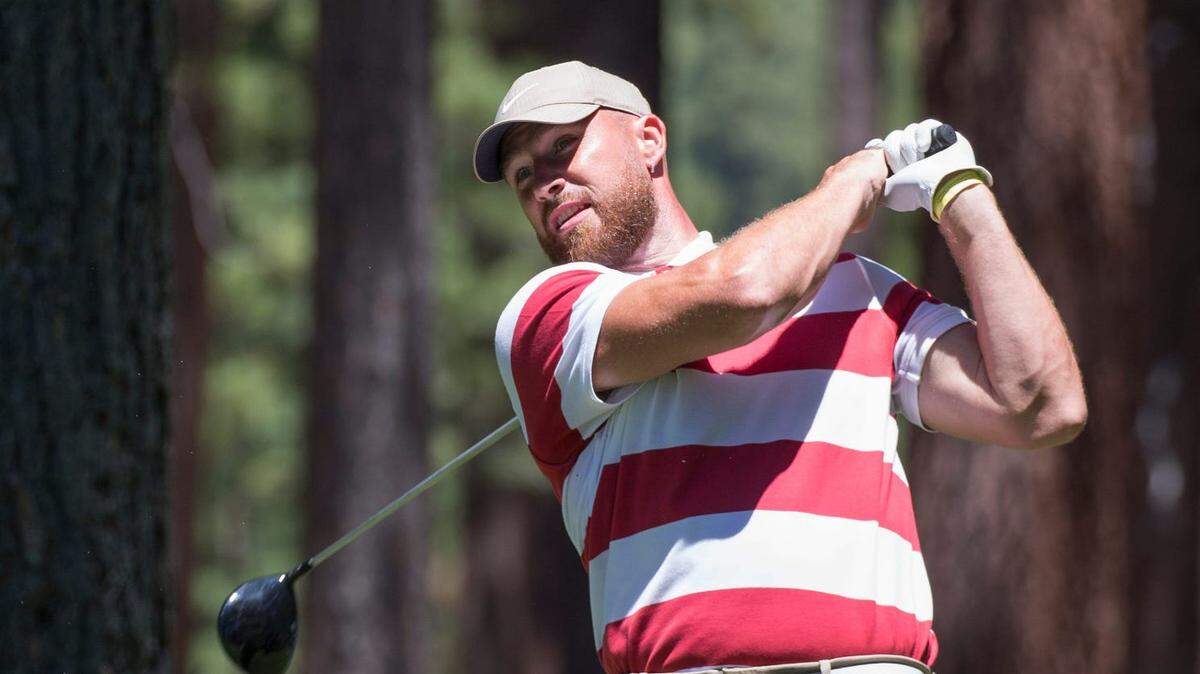 Travis Kelce hits a tee shot during the ACC Golf Tournament at Edgewood Tahoe Golf Course in South Lake Tahoe in 2020.
