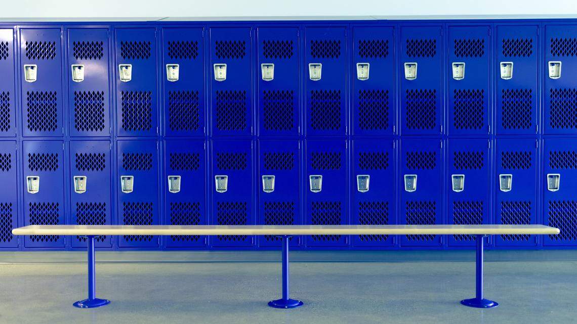 File photo of a locker room. Authorities in Wisconsin said a GoPro recording device was found hidden in a high school locker room.