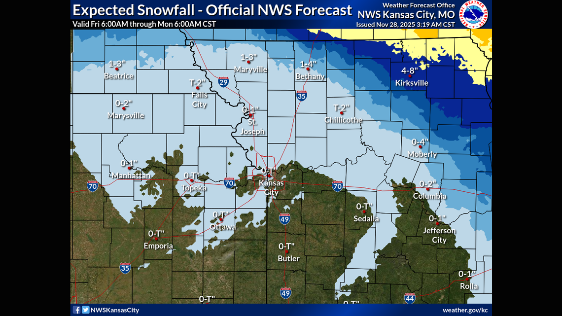 A winter storm targeting the Midwest is expected to bring snow to Missouri over the next couple of days. The greatest snowfall amounts are likely along the Missouri-Iowa border into northeastern Missouri, where 4 to 8 inches of snow is possible, according to the National Weather Service. Kansas City, however, will see mostly rain, with maybe a trace of snow possible Saturday.