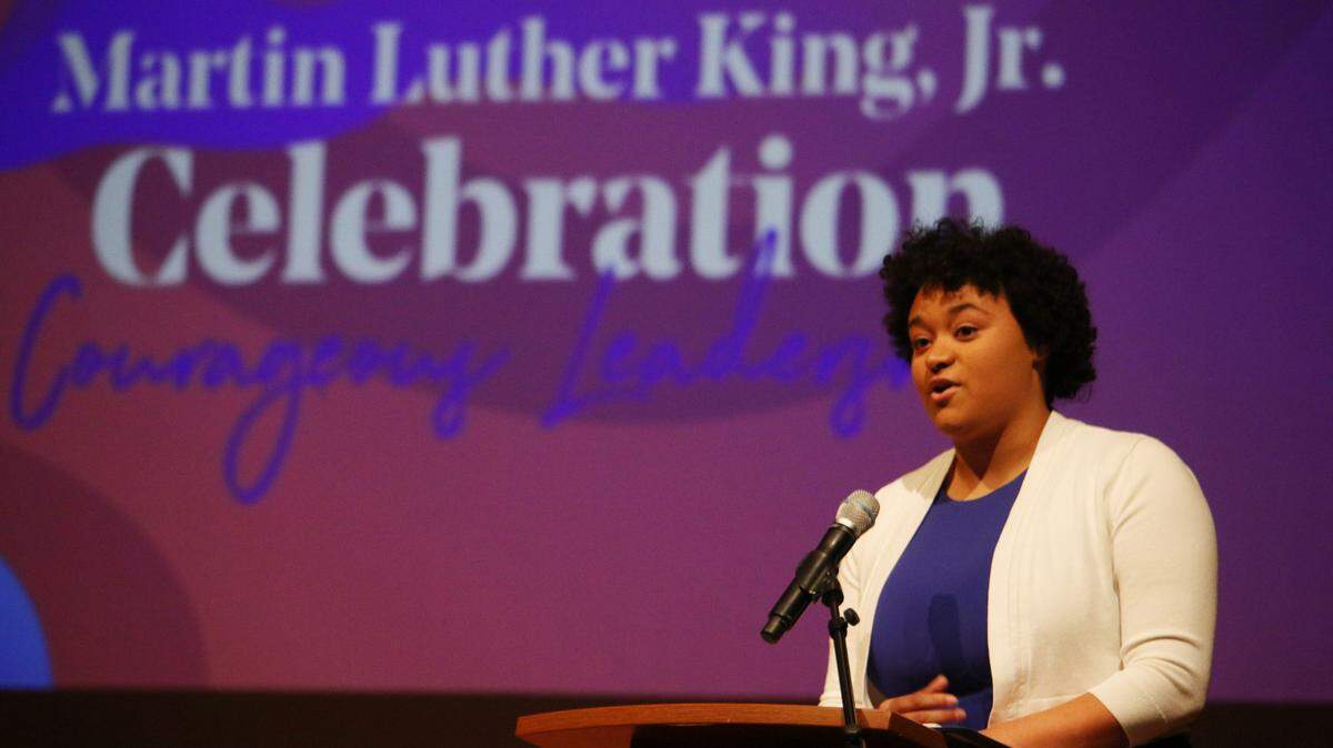 LyLena Estabine, 18, speaks after showing the multimedia presentation that won her both first place in the high school multimedia category and best in show at Olathe’s Martin Luther King Jr. Day celebration.