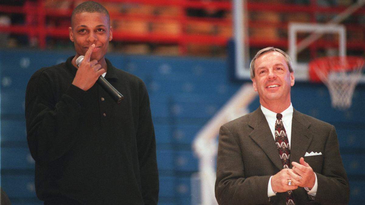 Kansas Jayhawks forward Paul Pierce (left) and coach Roy Williams at Allen Fieldhouse the day after KU’s loss to Arizona in the NCAA Tournament Sweet 16 in March 1997.