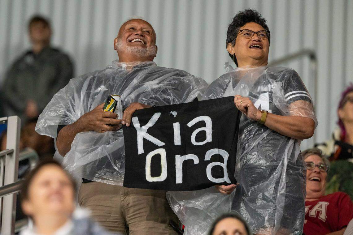 Fans hold a sign with the Maori-language greeting meaning “be well” before the beginning of the Pacific Four Series rugby match of Canada vs. New Zealand on Friday, April 17, 2026, at CPKC Stadium. New Zealand won 36-14.