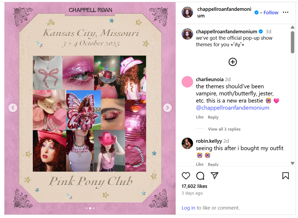 With wings of the butterfly and eyeliner variety, Chappell Roan shared inspiration for Pink Pony Club themed outfits on her Instagram fan page. Screenshot taken on Sept. 15.