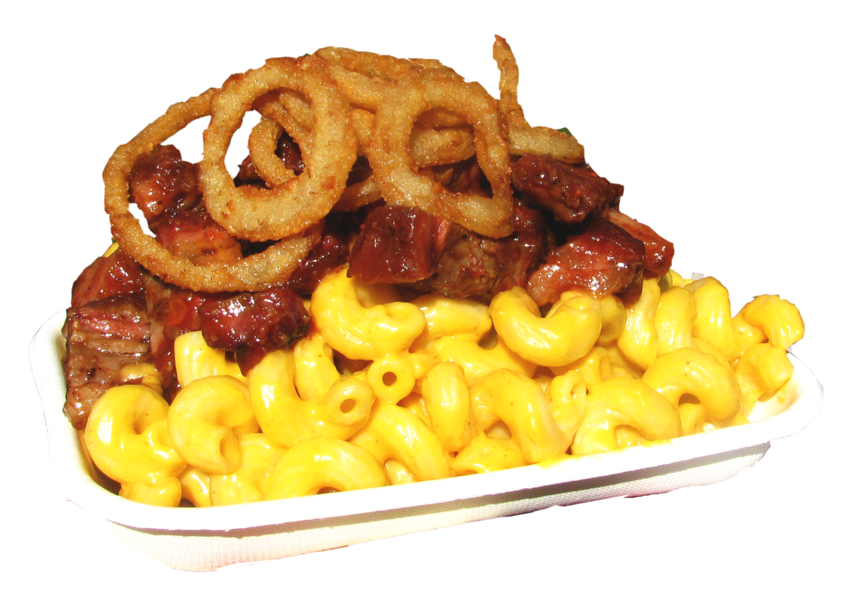 Mac Shack’s burnt end macaroni and cheese with crispy onion rings.