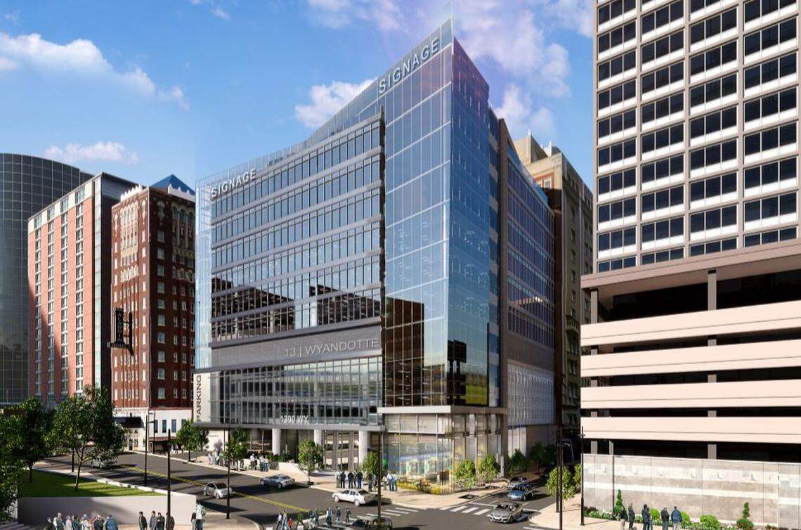 This rendering shows the facade of a 14-story office tower proposed for the corner of 13th and Wyandotte streets in downtown Kansas City. Platform Ventures is developing the speculative office building.