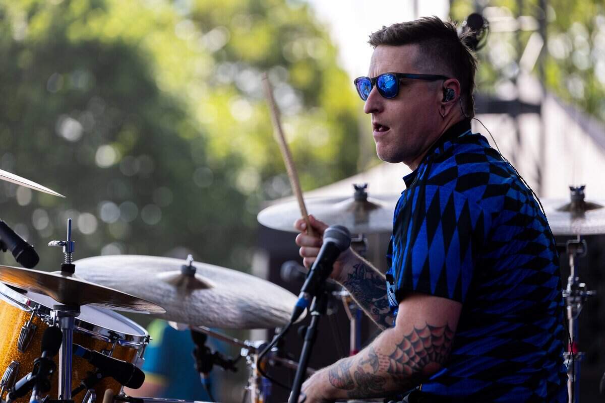 All American Rejects Drummer Chris Gaylor bangs their drum sticks on their drums during their FIFA Fan Fest concert at Fan Fest on Saturday, July 11, 2026.