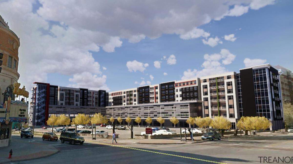 A proposed redevelopment project across the street from the Uptown Theater as shown by a rendering.