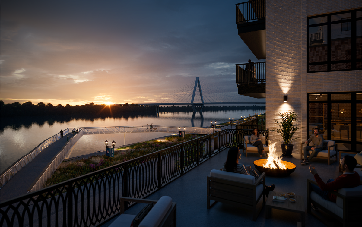 Rendering of the view of the Missouri River from Current Landing, part of the $1 billion development now under construction alongside the KC Current professional women’s soccer team’s CPKC Stadium.