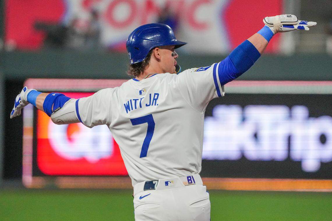 Kansas City Royals shortstop Bobby Witt Jr. (7) celebrates while running the bases after hitting a grand slam against the Detroit Tigers in the third inning at Kauffman Stadium on Sept. 16, 2024.