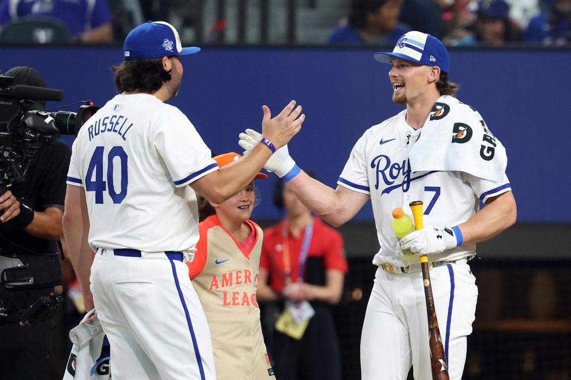 Shortstop Bobby Witt Jr. of the Kansas City Royals (7) reacts during the 2024 Home Run Derby at Globe Life Field.
