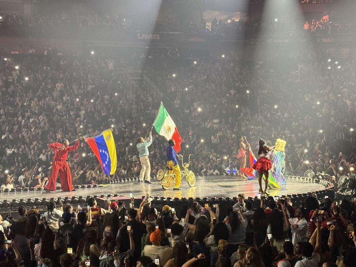 Dancers for Cardi B were waving around flags of different countries during her performance March 17, 2026, at the T-Mobile Center in Kansas City, Missouri.