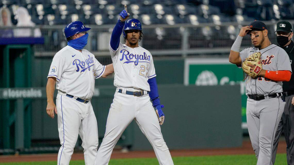 The Royals’ Adalberto Mondesi celebrates after hitting an RBI triple during the second inning against the Detroit Tigers on Friday, Sept. 25, 2020, at Kauffman Stadium in Kansas City.