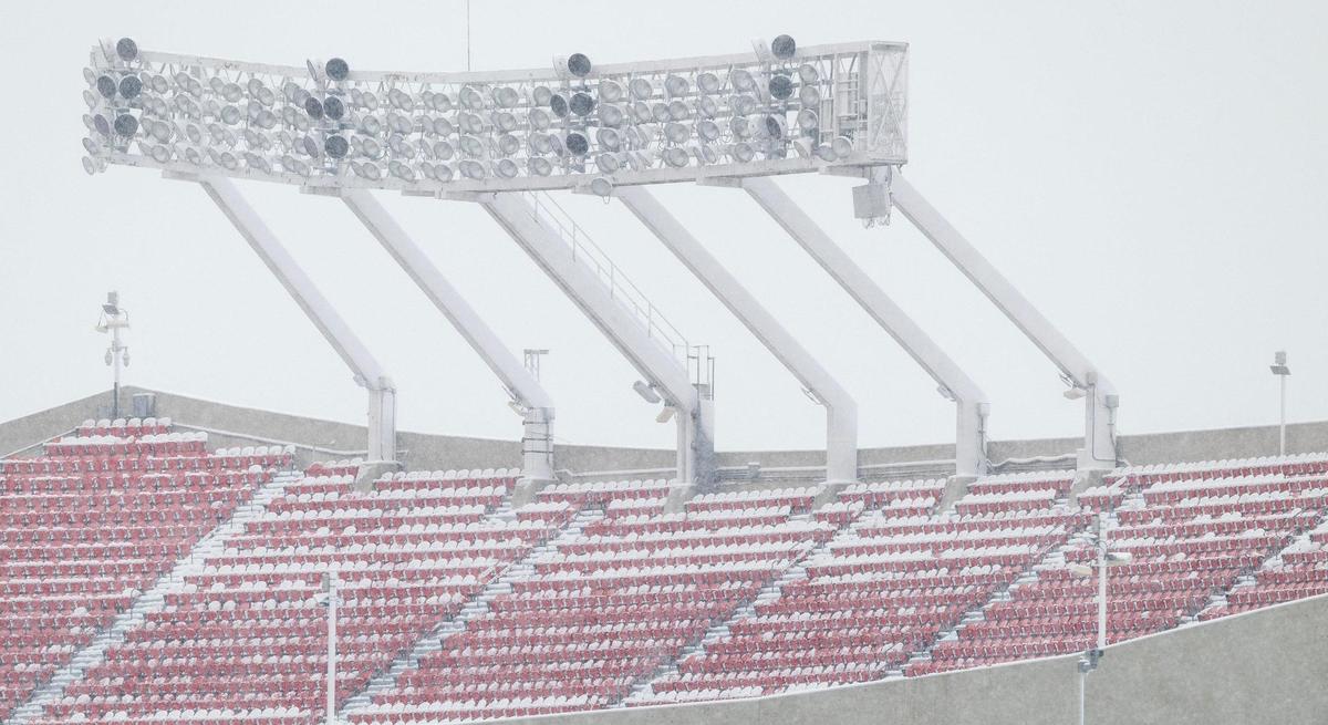 Snow builds up on seats inside of Arrowhead Stadium on Tuesday, Jan. 9, 2024, in Kansas City.