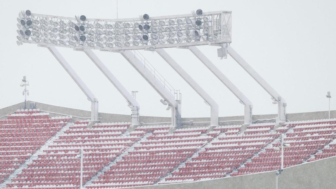 Snow builds up on seats inside of Arrowhead Stadium on Tuesday, Jan. 9, 2024, in Kansas City.