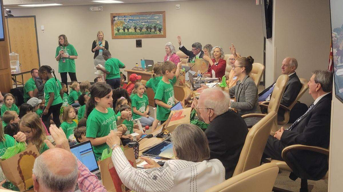 Heatherstone Elementary first-graders give a presentation on their school’s agricultural curriculum at a Kansas State Board of Education meeting in Topeka.