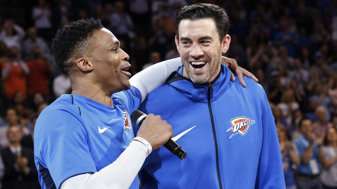 Oklahoma City Thunder power forward Nick Collison (right) announced his retirement in 2018 after 15 seasons in the NBA.
