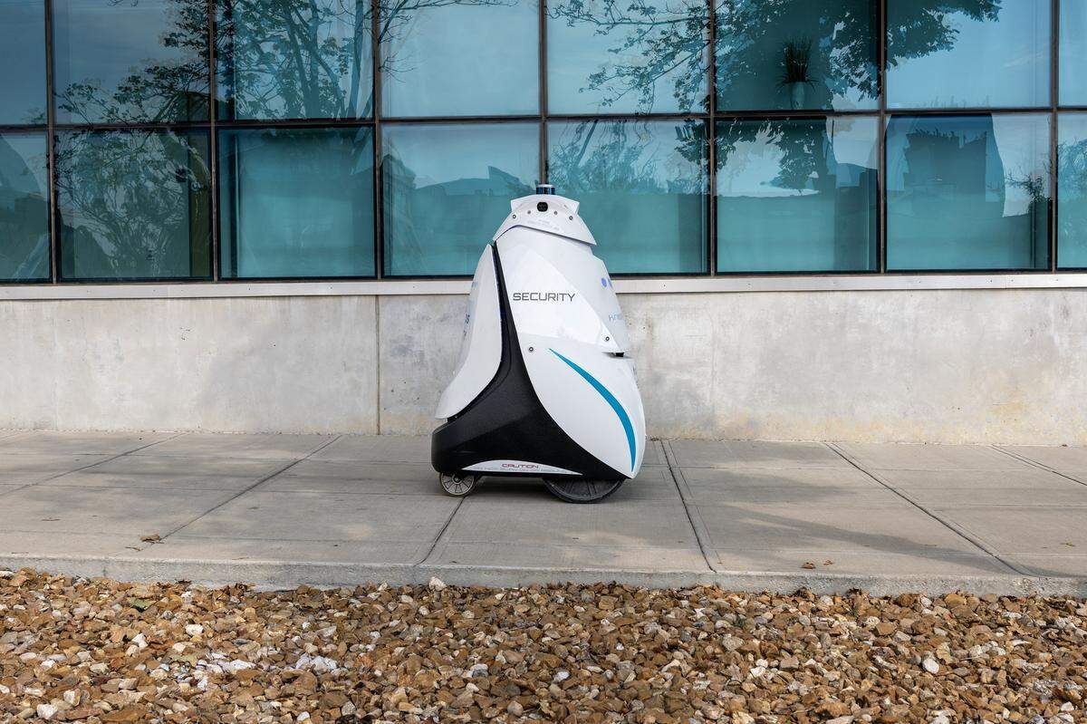 A security robot named Lance patrols outside Patmos' headquarters at the former Kansas City Star building on Wednesday, Sept. 10, 2025, in Kansas City. Lance is part of Patmos' efforts to enhance safety downtown.