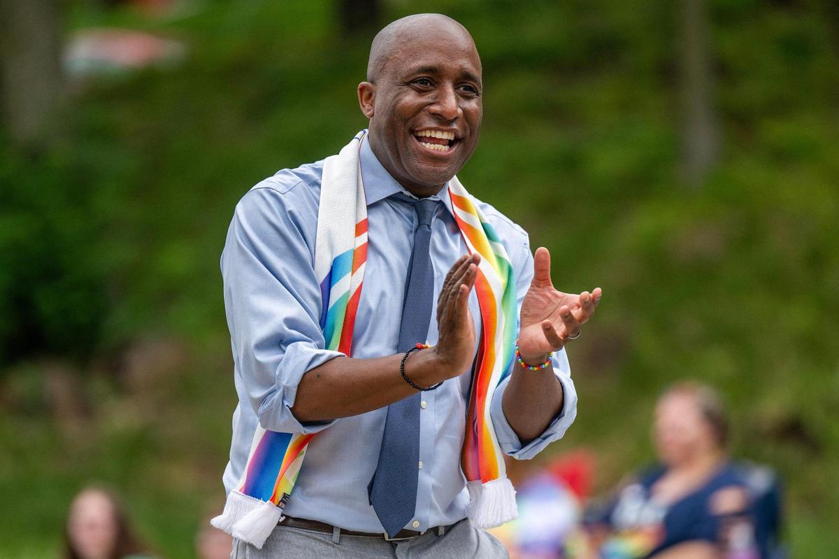 Kansas City Mayor Quinton Lucas cheered as he participated in the KC Pride Parade along Mill Creek Parkway on Saturday, June 7, 2025, in Kansas City. He has reiterated his offer to officiate Taylor Swift and Travis Kelce’s wedding.