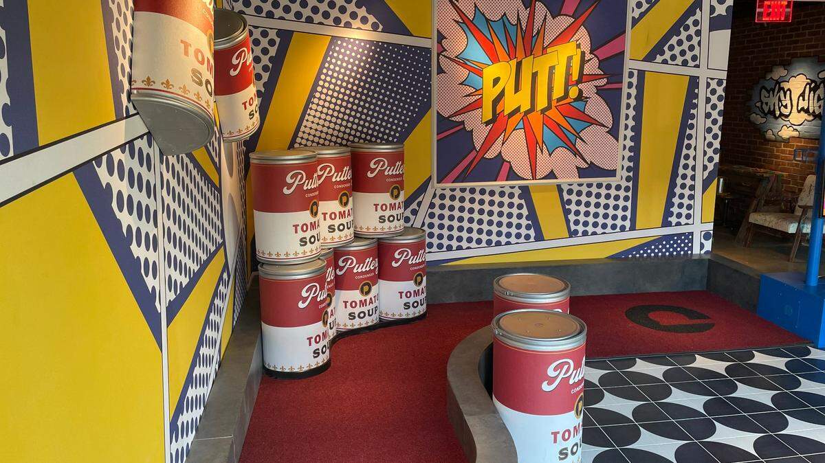 A pop-art-themed hole upstairs at Puttery, a mini-golf concept that was set to open Thursday on the Country Club Plaza.
