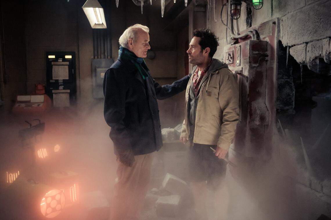 “Bill Murray will just say a line that’s improvised and it’s an incredible thing to be in the room,” Paul Rudd said of working with the original ghostbuster in the new “Ghostbusters: Frozen Empire.”