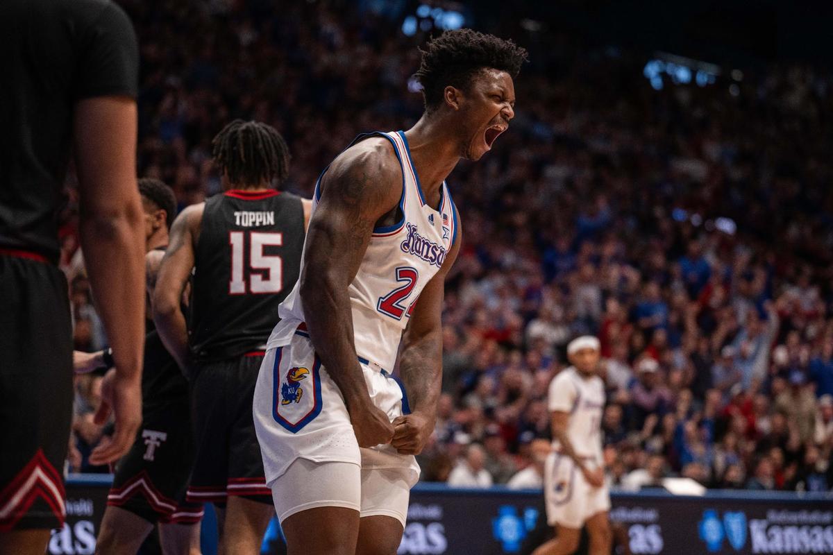 Kansas Jayhawks forward KJ Adams screams after a dunk in the first half of the game vs. the Texas Tech Red Raiders on Saturday, March 1, 2025, at Allen Fieldhouse.