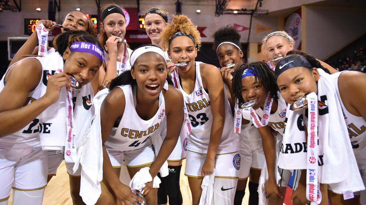 Members of the U.S. Central Girls team celebrate their win over Canada in the Jr. NBA Girls Global Championship game on Aug. 11, 2019 at the ESPN Wide World of Sports Complex in Orlando.