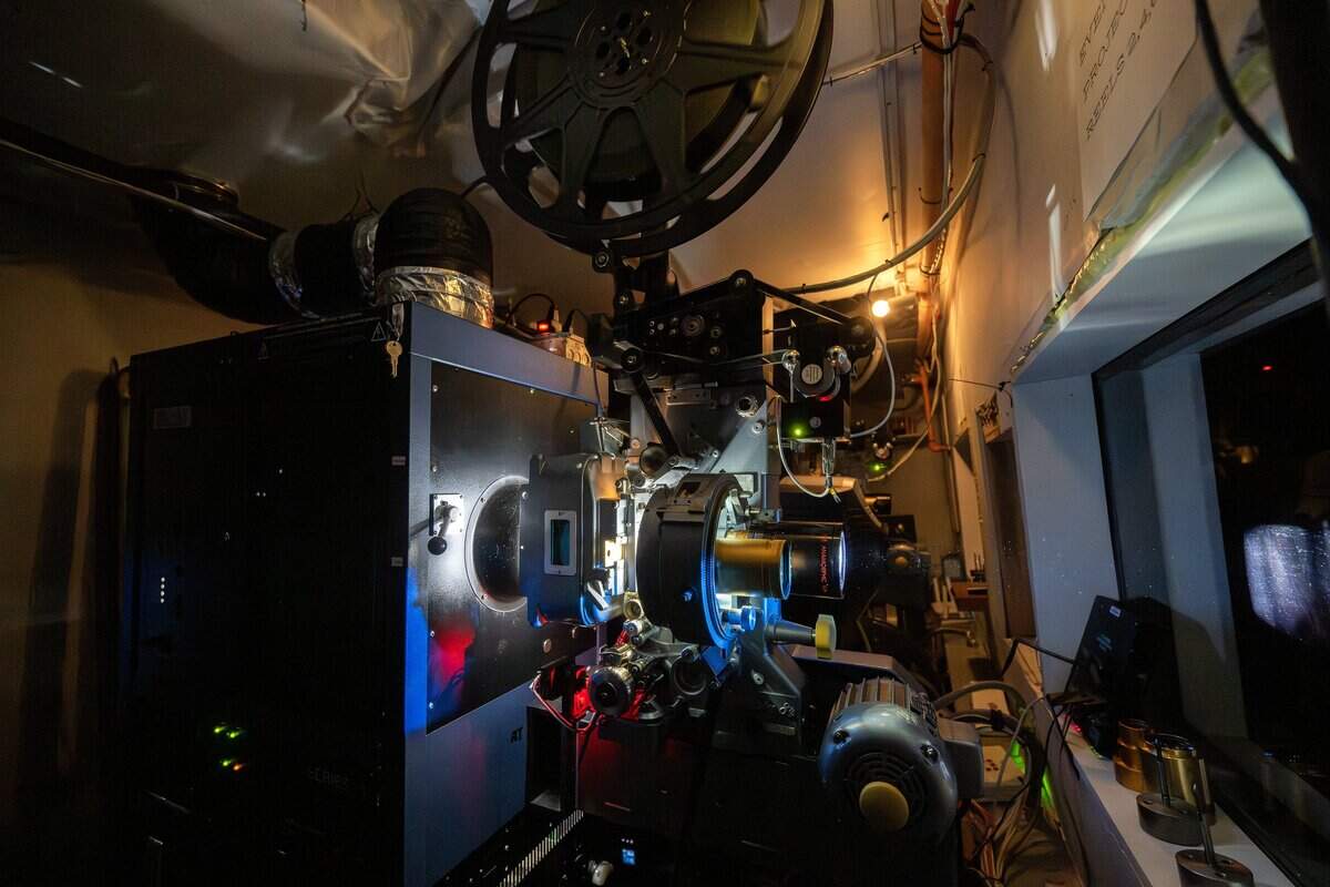 A projector screens a 70mm showing of “Sinners” at Screenland Armour Theatre on Friday, March 27, 2026, in North Kansas City.