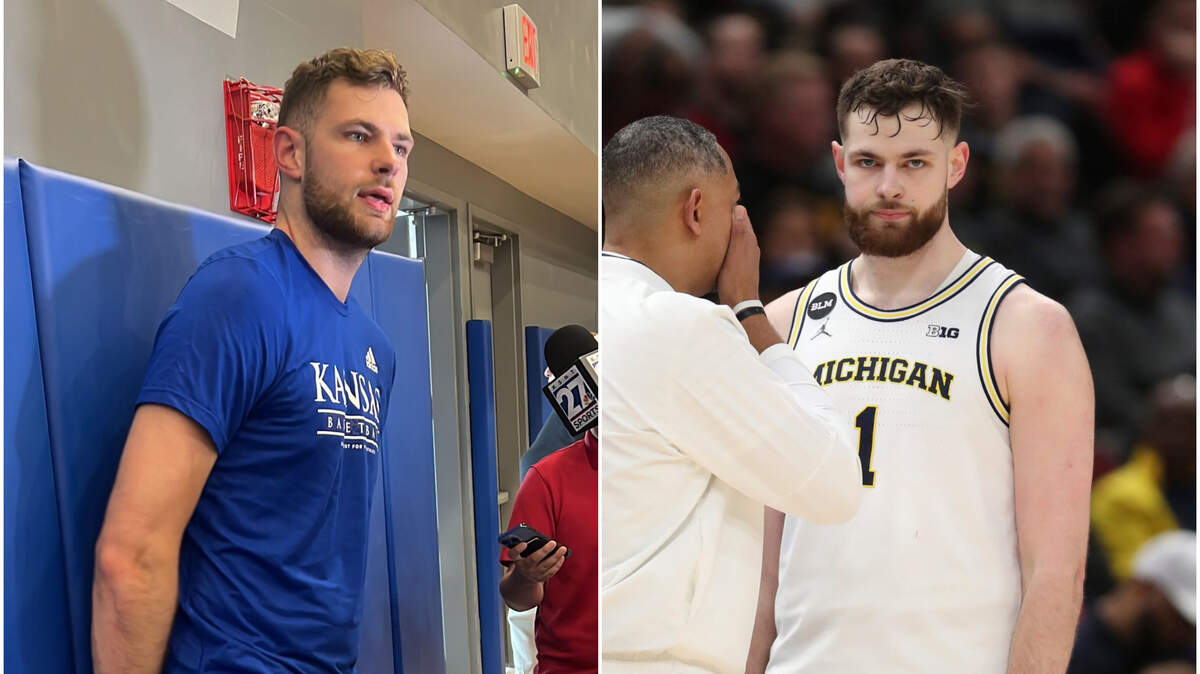 Photo collage: Michigan transfer Hunter Dickinson speaks to media in Lawrence on Sunday, June 4, 2023.