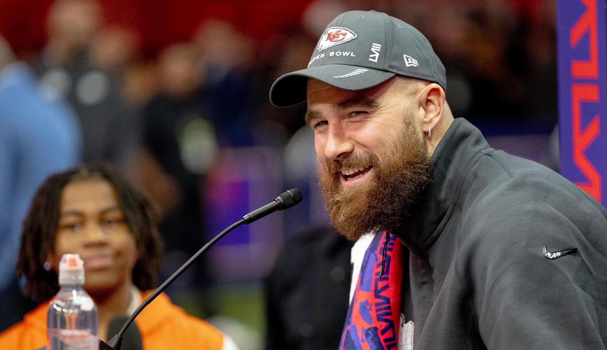 Kansas City Chiefs tight end Travis Kelce answers questions during Super Bowl LVIII’s Opening Night event at Allegiant Stadium on Monday, Feb. 5, 2024, in Las Vegas.