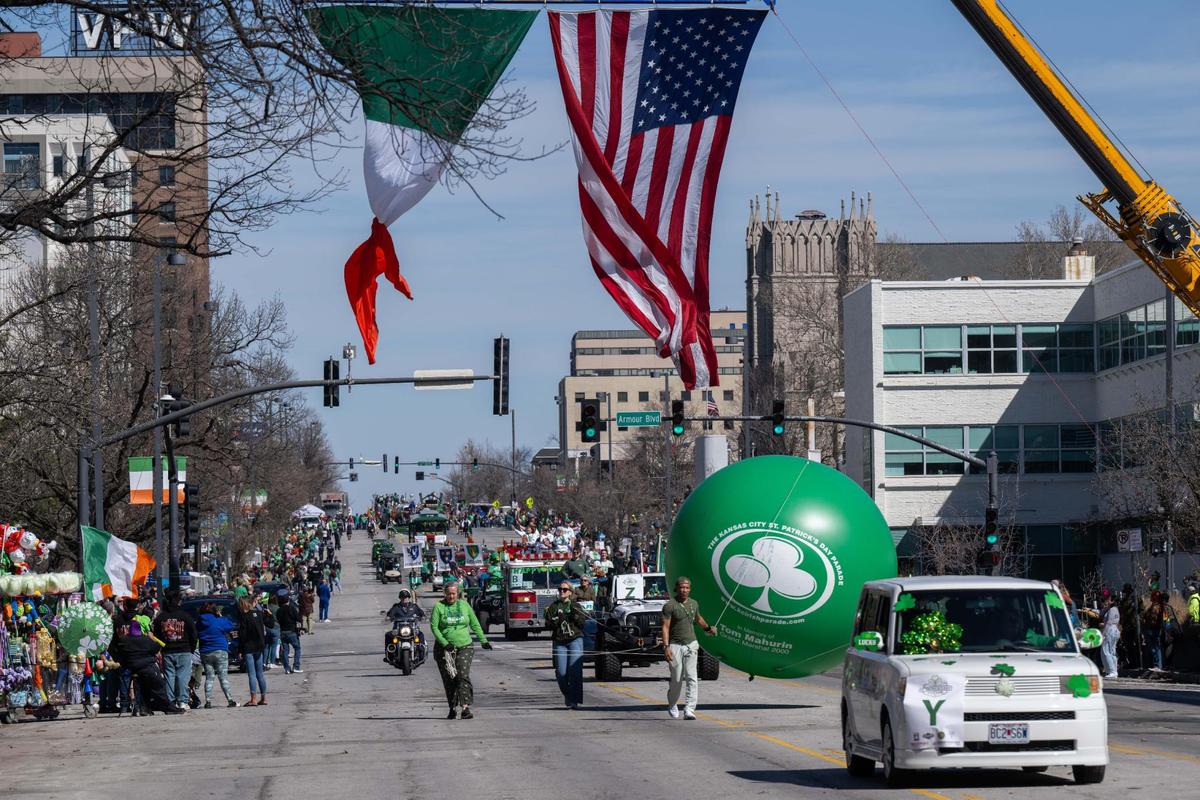 Parade floats and vehicles drive down Broadway during The Kansas City St. Patrick’s Day Parade on Monday, March 17, 2025.