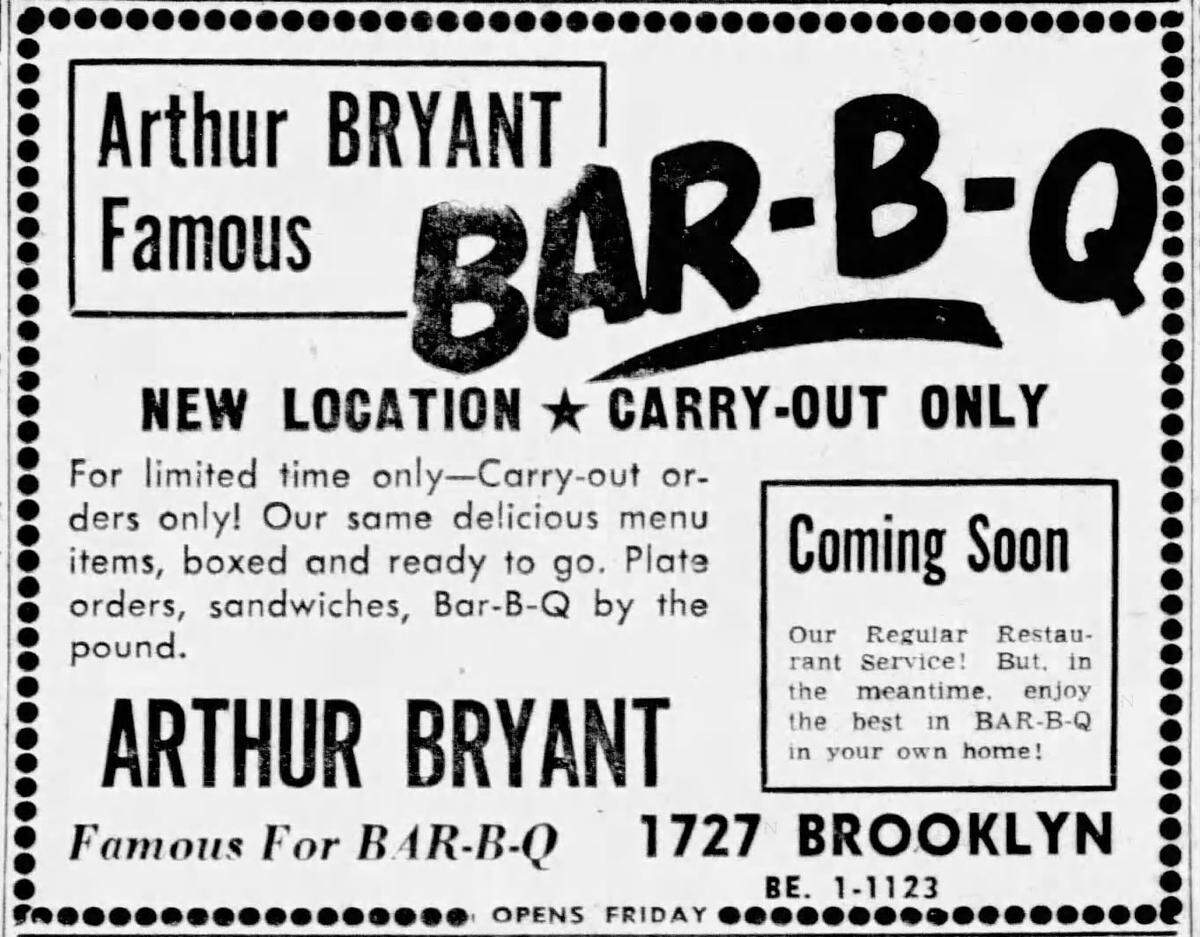 This 1959 advertisement in The Kansas City Star promotes Arthur Bryant’s new location at 1727 Brooklyn Ave.