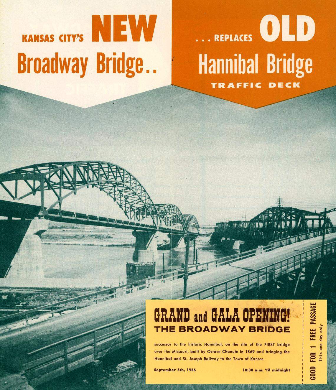 Promotional pamphlet for the Broadway Bridge offered a complimentary passage ticket good for its first day of operation.